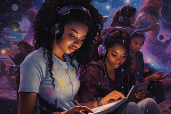 Illustration of 2 African American women looking at a book with headphones on