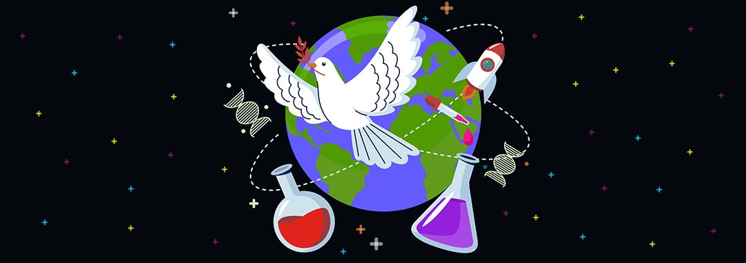 Illustration of the dove of peace over the Earth with science images of a rocket ship and chemistry beakers